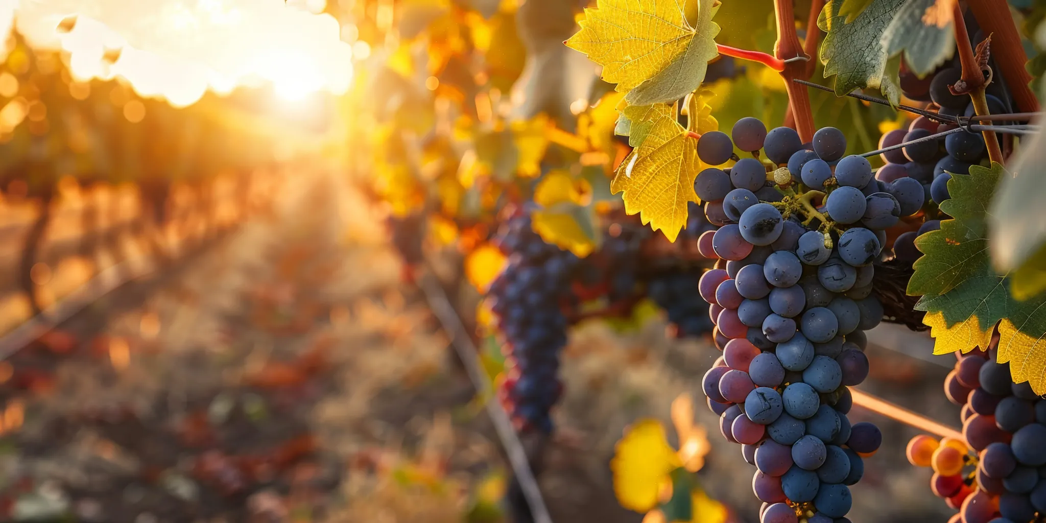 Viñedo soleado con racimos de uvas maduras